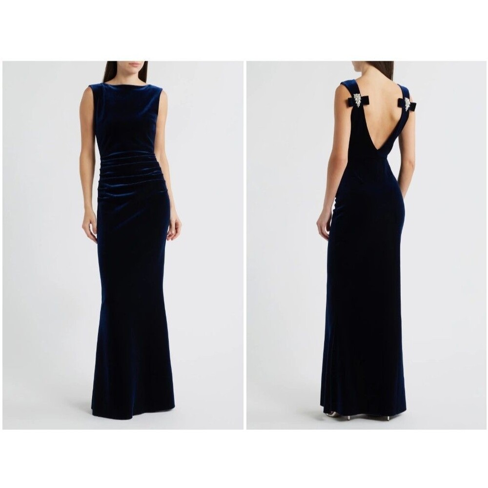 Chiara Boni La Petite Robe Blue Notte Nima Embellished Velvet Gown Size 40 IT.